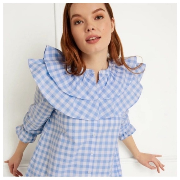 Hill House The Colette Dress in Blue Jacquard Check Ruffle Sz XS - Picture 4 of 15